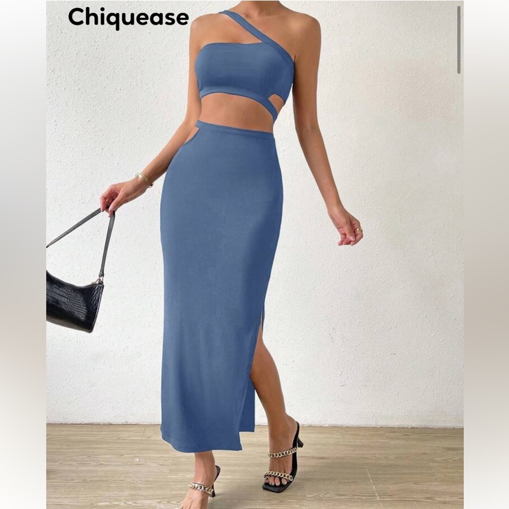 One Shoulder Crop Top Split Thigh Skirt Dusty Blue